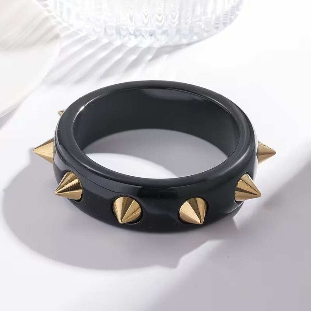 Black Studded Resin Bangle Bracelet – Gold Cone Spike Punk Statement Cuff
